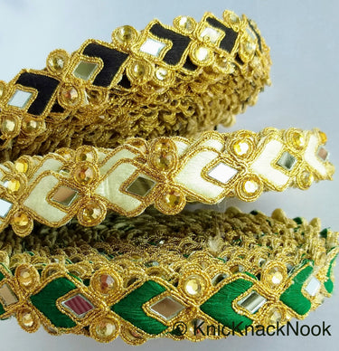 Off White And Gold Thread Lace Trim With Beads And Mirrors Embellishments Approx. 22mm, Decorative Fashion Trim Sari Border Trim by 9 Yards